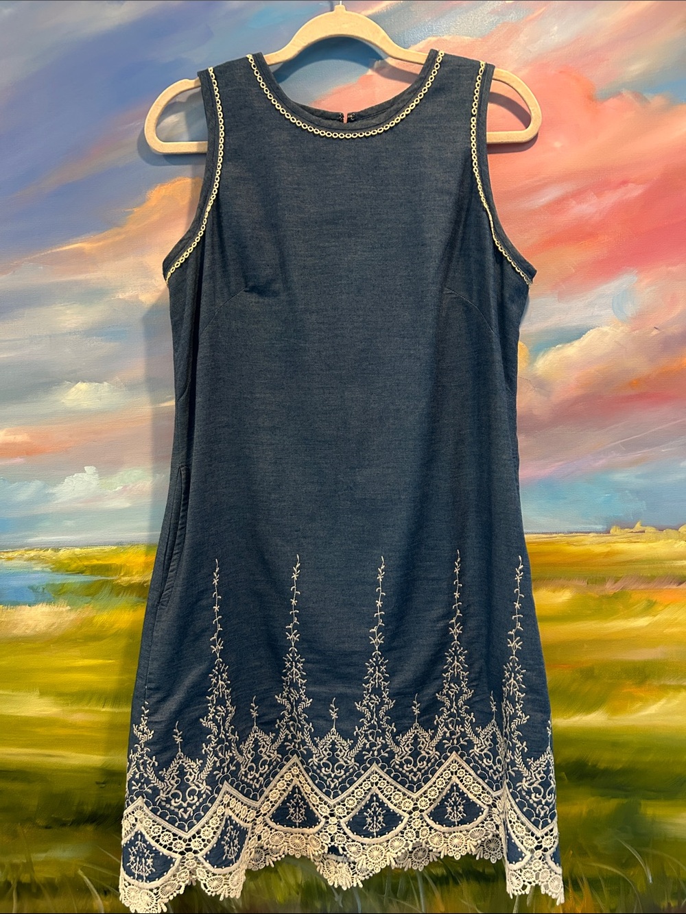 Sara Campbell Navy Dress with Ivory Lace Hem